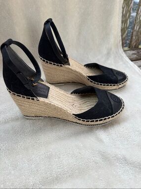 Tory Burch Black Espadrille Wedge Ankle-Strap Sandals 8